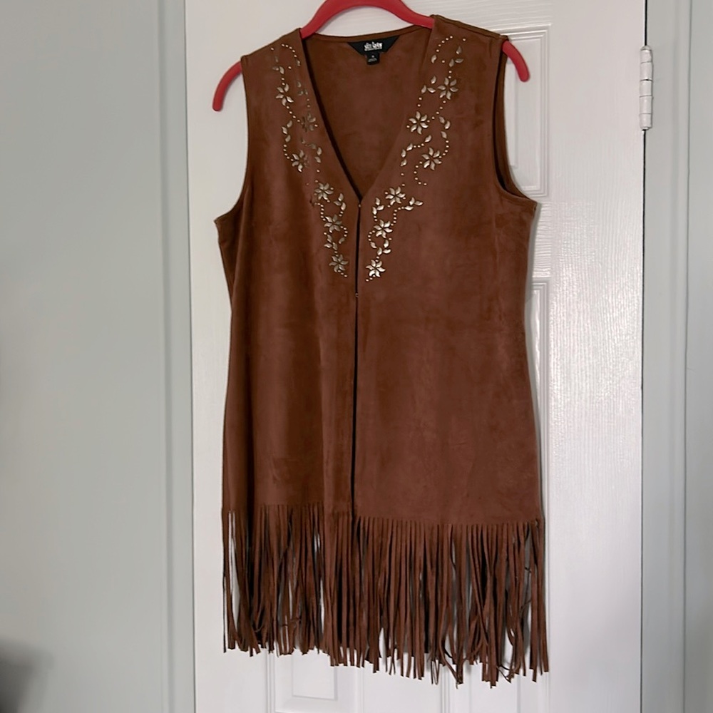 Faux Suede Brown Embellished front V neck fringe Vest